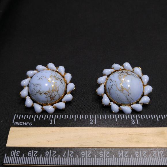 Weiss Light Blue & Gold Marbled Art Glass Earrings, Gold Plated, 1950s Vintage - Picture 5 of 10